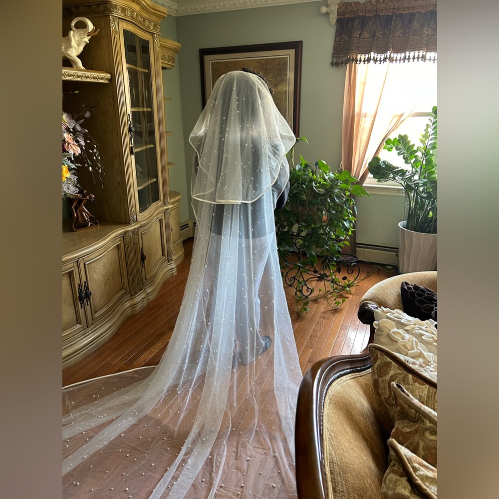 400cm Ivory Pearl Veil with Blusher - Picture 3 of 6